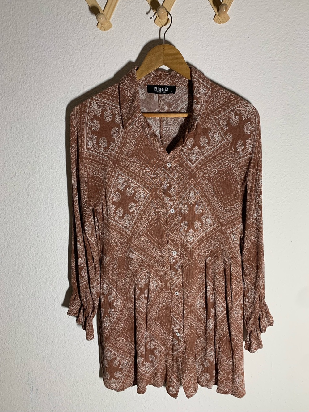 Blue B. Brown Paisley Boho Button-Front Mini Dress, Tunic Top, Cottagecore, S